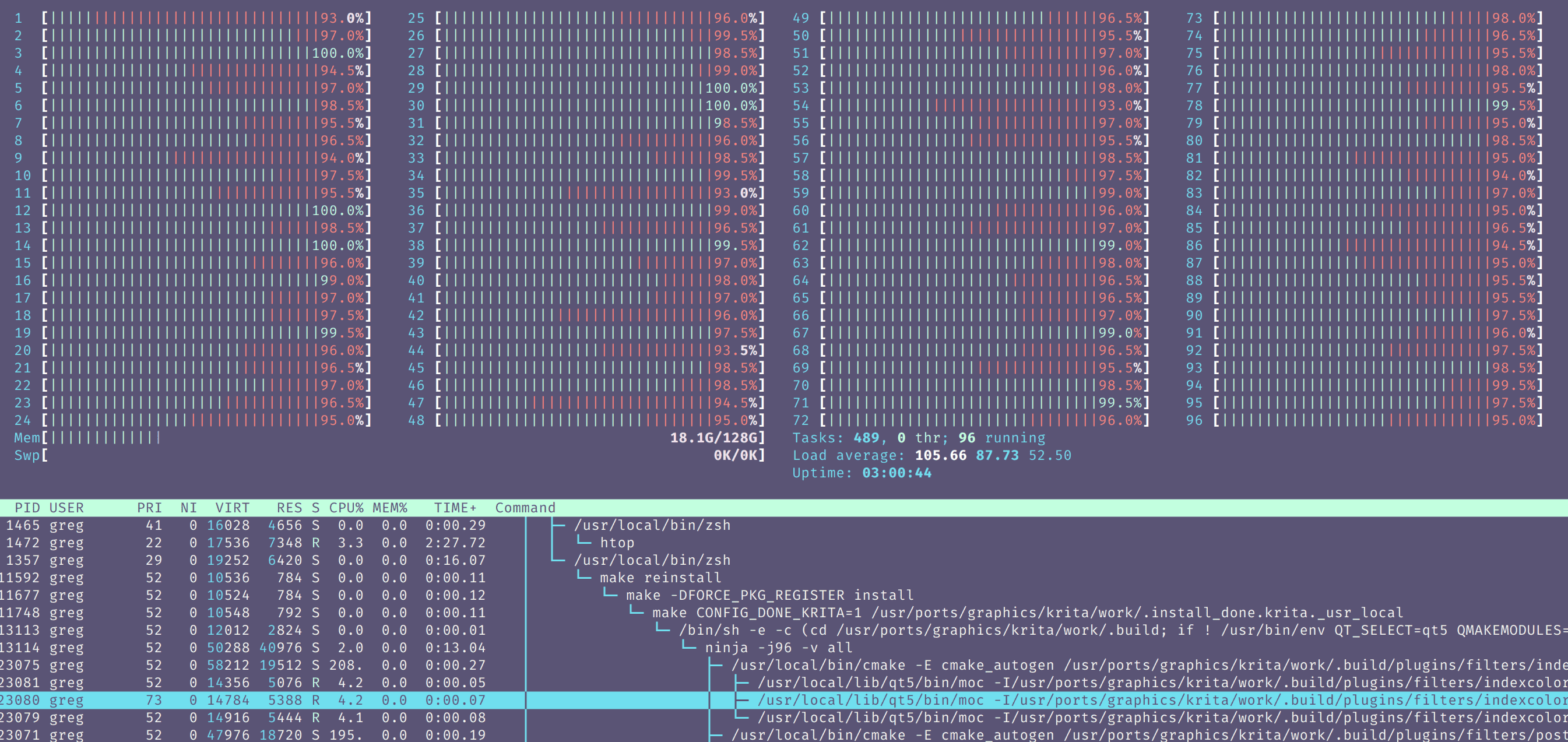 Screenshot of htop with 96 CPU cores
